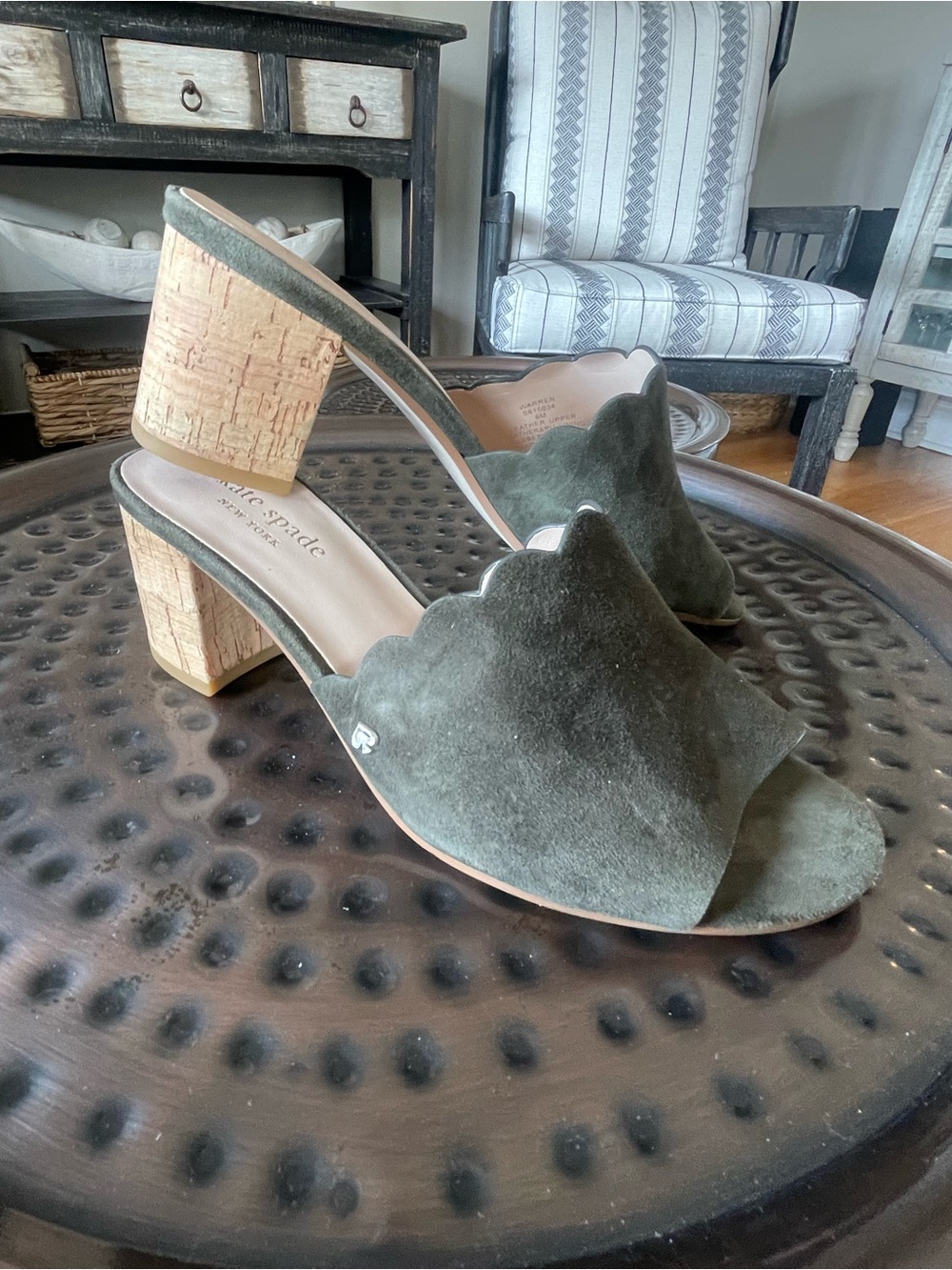 kate spade olive green suede scallop cork block heel mules